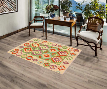 Flat Weave Kilim, Antique, Navaho, Vintage, Handmade, Geometric Kilim Green Beige Hand-Woven Rectangle 100% Wool Area Rug 3 x 5